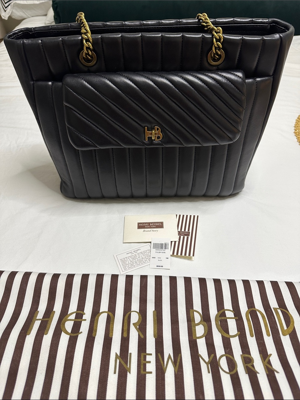 henri bendel Black Quilted Leather Tote with Gold Chain Straps